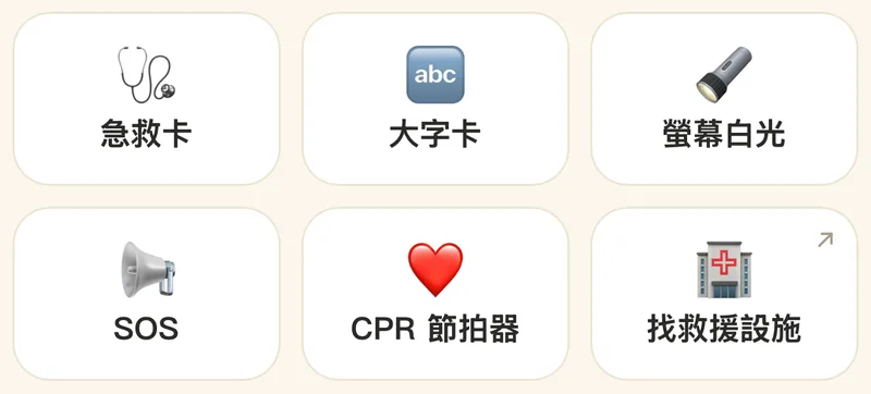一鍵工具六個方塊：急救卡、大字卡、螢幕白光、SOS、CPR 節拍器、找救援設施