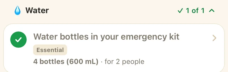 Water group in the preparedness checklist: 4 water bottles (600 mL) for your kit, for 2 people, checked off