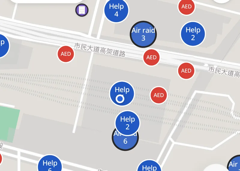 Map showing markers for air-raid shelters, AEDs, and emergency facilities at the same time