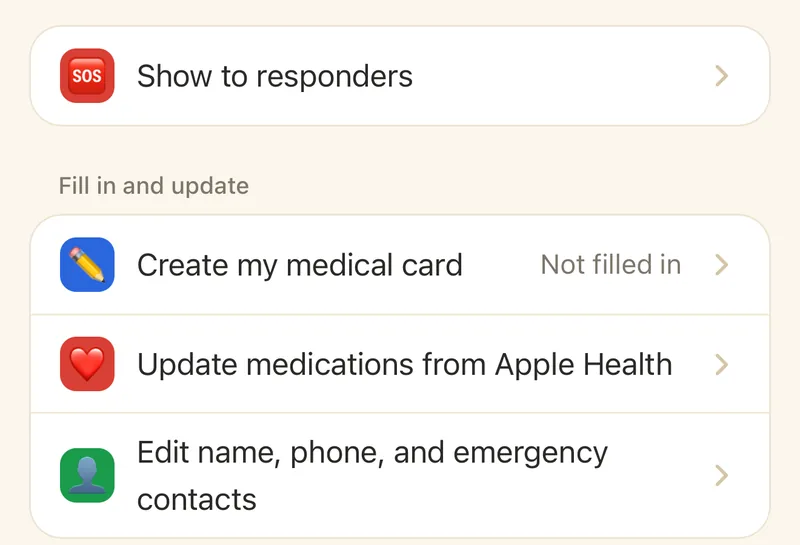 Medical card screen: Show to responders, then rows to create my medical card and edit name, phone, and emergency contacts