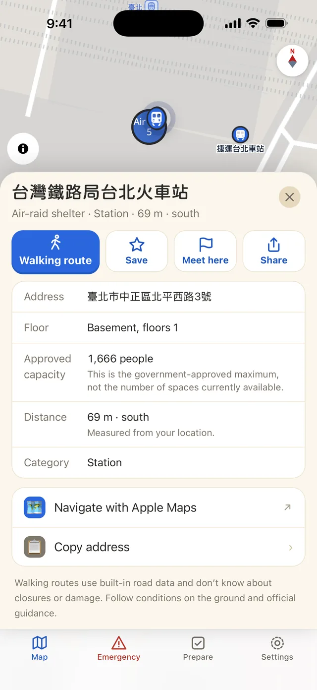 Shelter card with Walking route, Save, Meet here, and Share buttons above the address, floor, and capacity