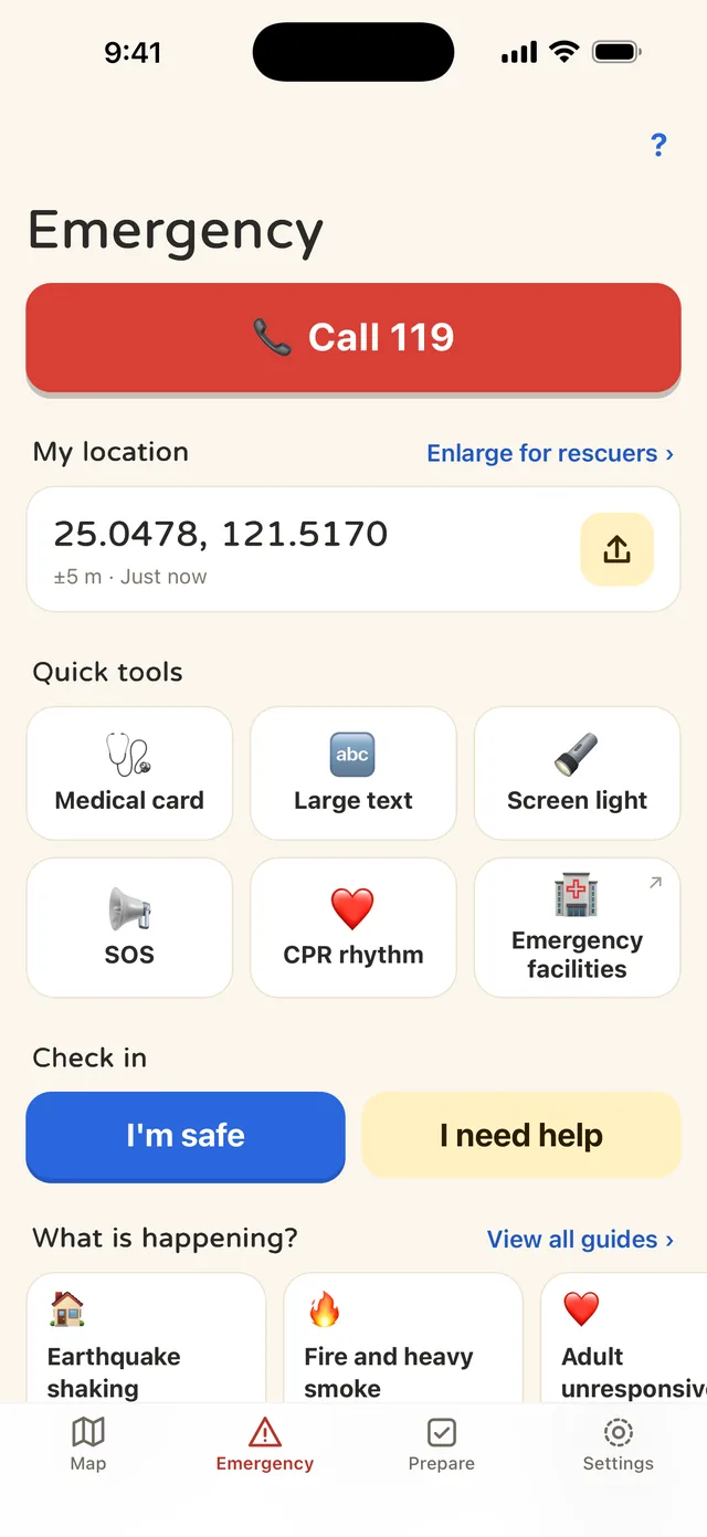 Emergency tab: Call 119, My location, six quick tools, Check in