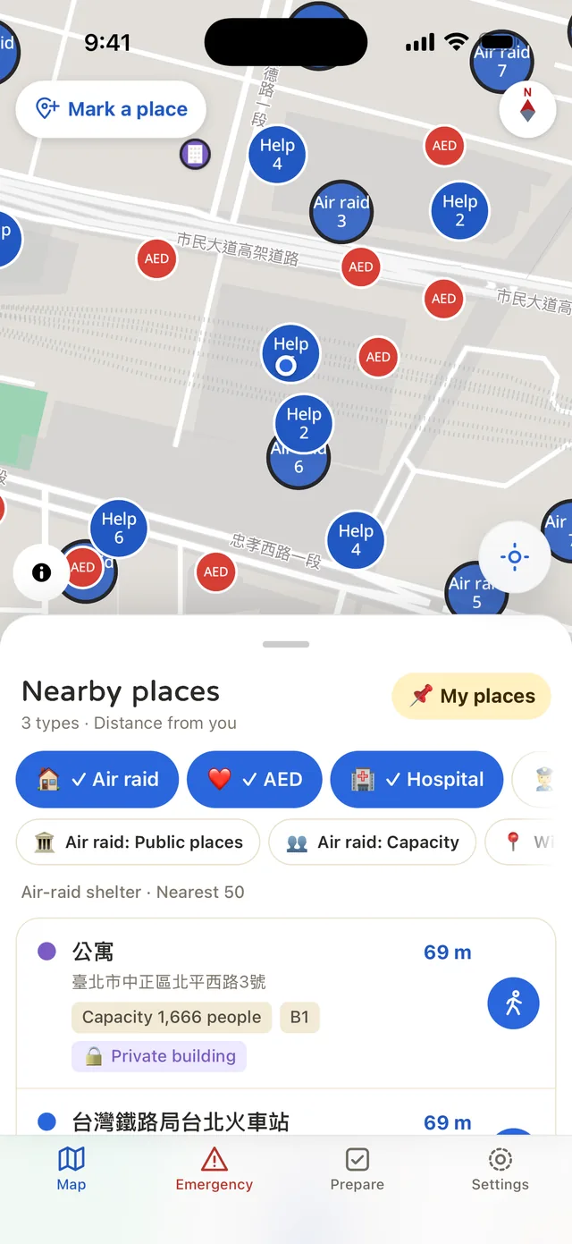 Map showing air-raid shelters, AEDs, and hospitals together