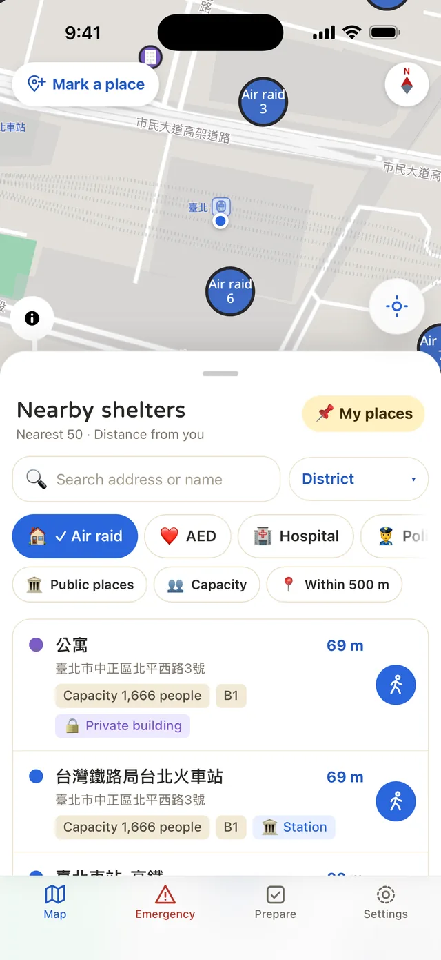 List of nearby shelters sorted by distance