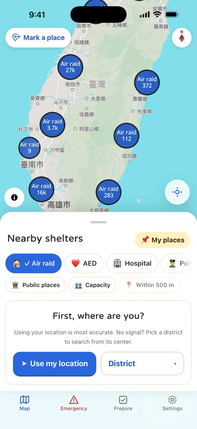 Map home screen: air-raid shelters across Taiwan with a nearby list