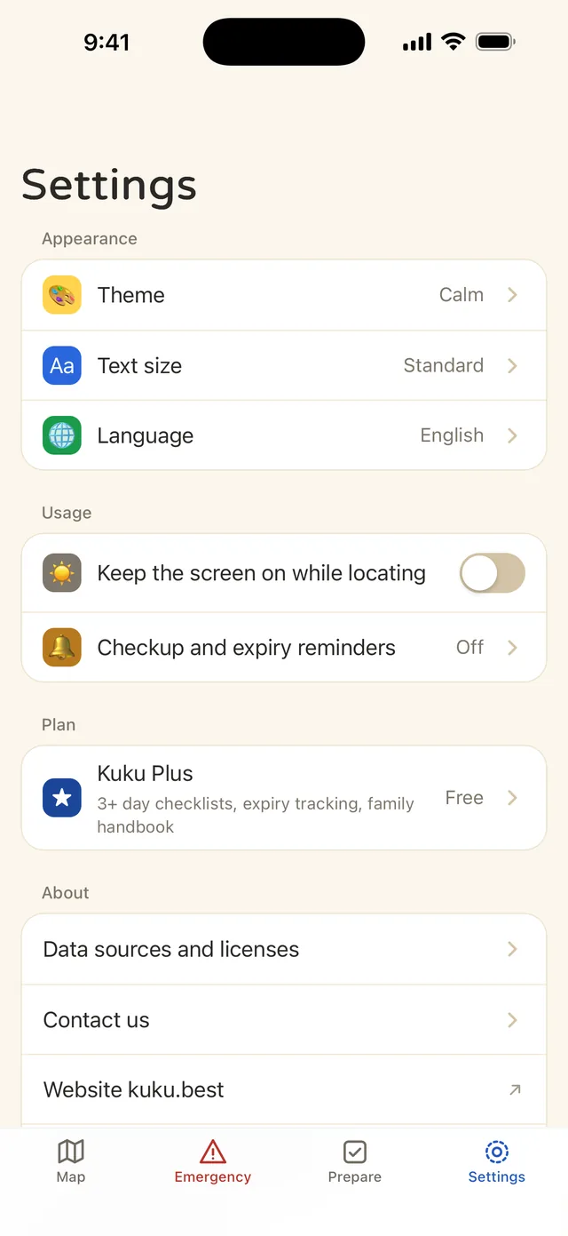 Settings screen: theme, text size, language, reminders, and the Kuku Plus plan