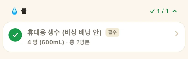 준비 목록의 「물」 그룹: 휴대용 생수 4병 (600mL), 총 2명분, 체크 완료