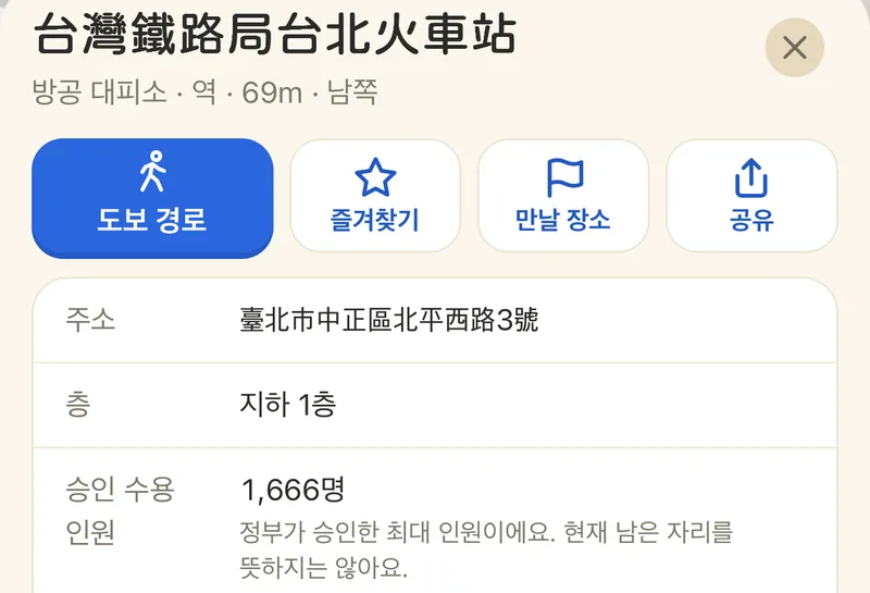 대피소 카드: 台灣鐵路局台北火車站, 도보 경로·즐겨찾기·만날 장소·공유 버튼 4개, 아래에 주소, 지하 1층, 승인 수용 인원 1,666명